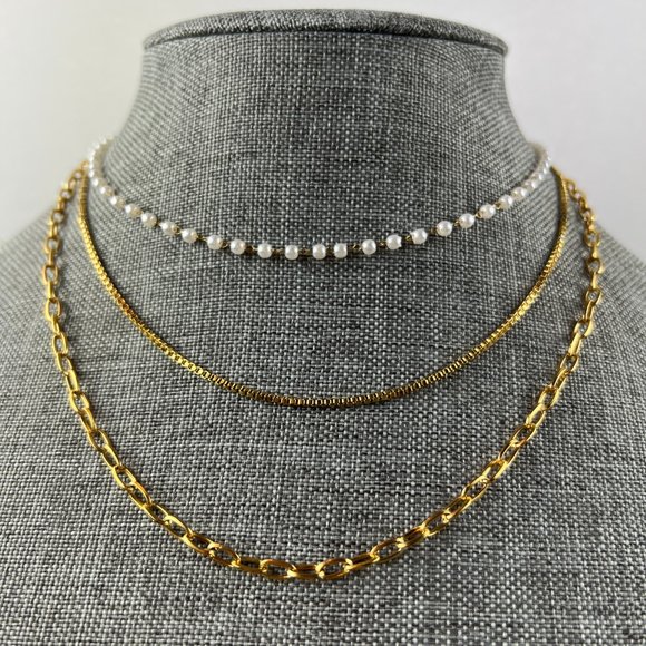 3 Layer Pearl Necklace Three Layer Pearl Necklace Gold Layered Chain Necklace - Picture 6 of 13
